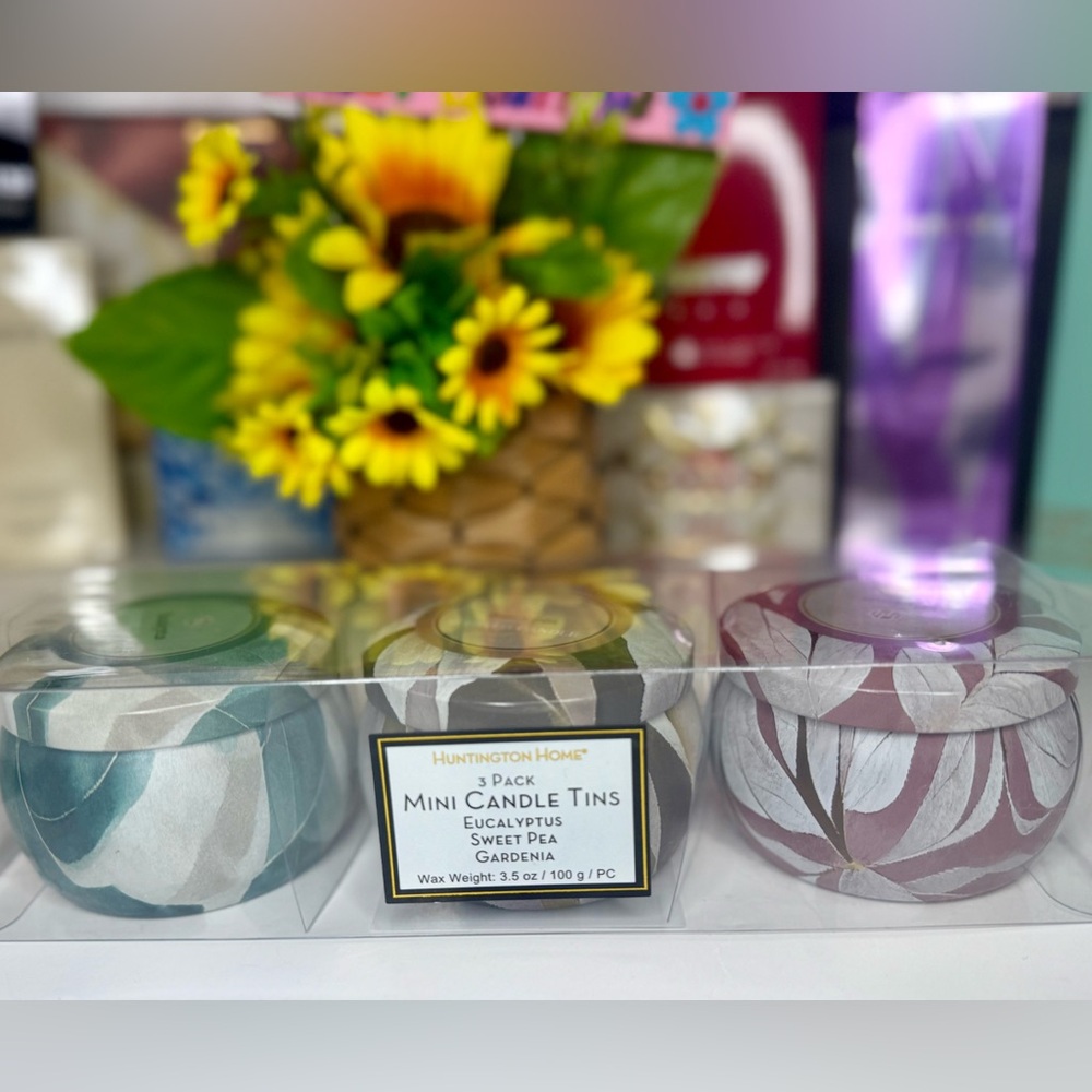 🆕HUNTINGTON Home 3-Pack Mini Candle Tins in Eucalyptus , Sweet pea and Gardenia